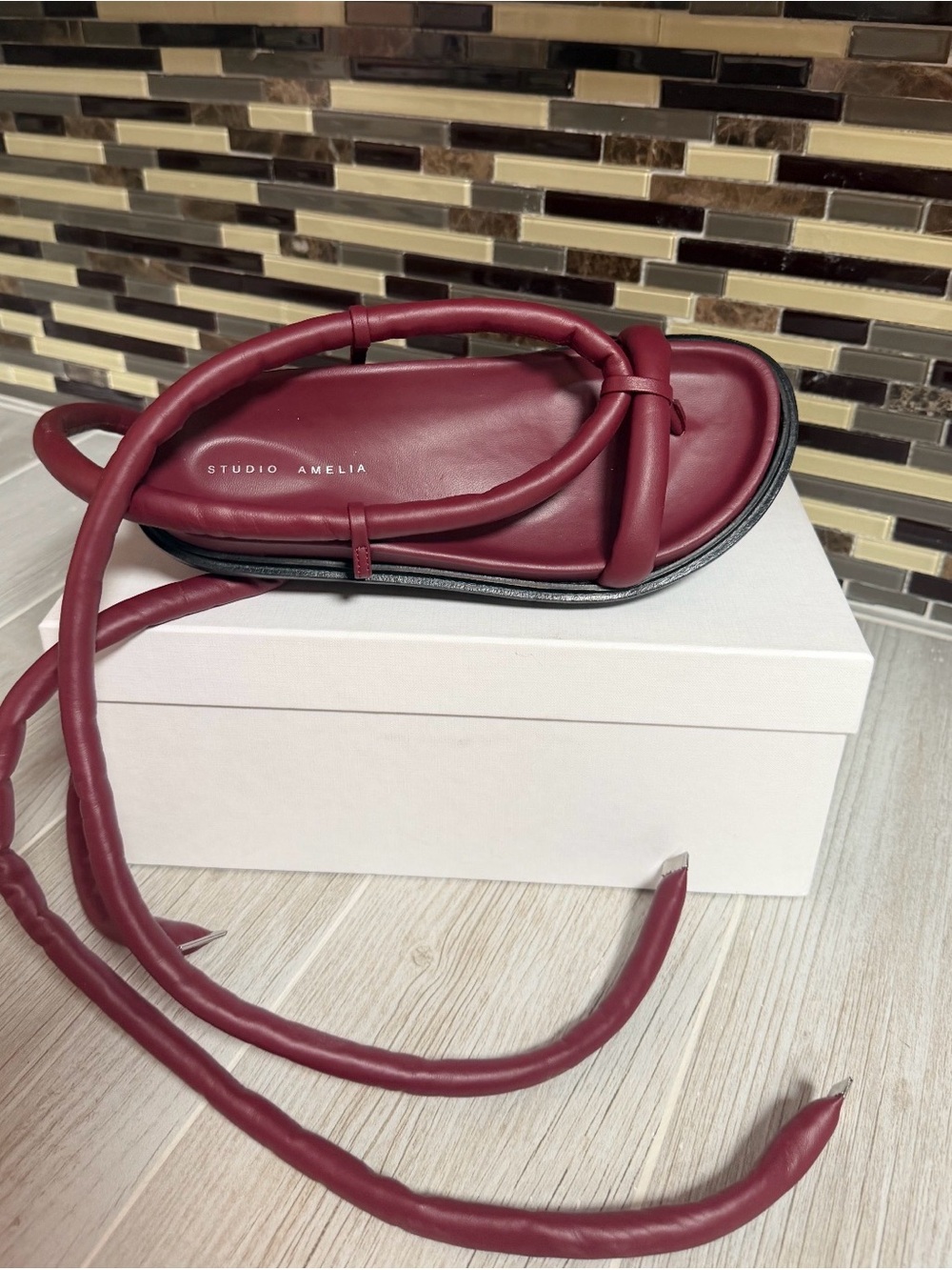 STUDIO AMELIA Wine Red Leather Wrap Sandal